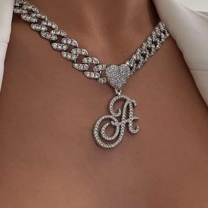 Initial Necklaces Silver Cuban Link Chain for Women Iced Out Chain with Heart
